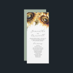 Tea Length Wedding Program Template Sunflower<br><div class="desc">Immerse in the warmth of our tea-length wedding program template, adorned with a distinctive top border of watercolor sunflowers in radiant golden yellow and rich browns. This design offers customisable template fields for you to seamlessly add your order of service. On the reverse, find a harmonious sage green colour that...</div>