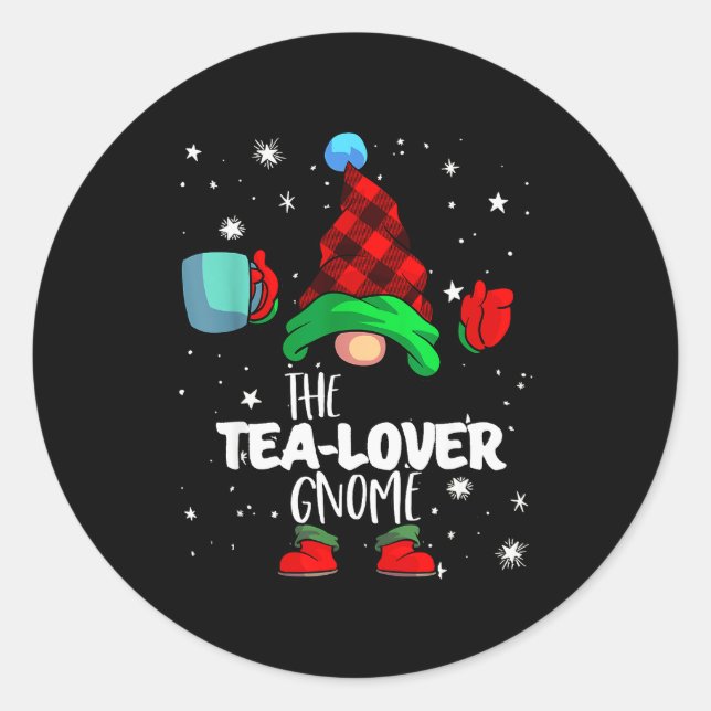Tea Lover Gnome Red Buffalo Plaid Matching Family  Classic Round Sticker (Front)
