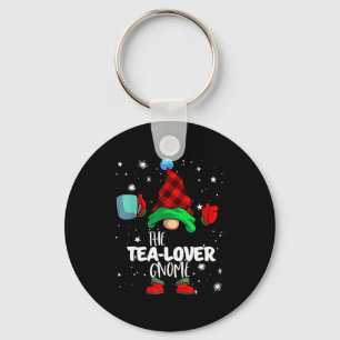 Tea Lover Gnome Red Buffalo Plaid Matching Family Key Ring