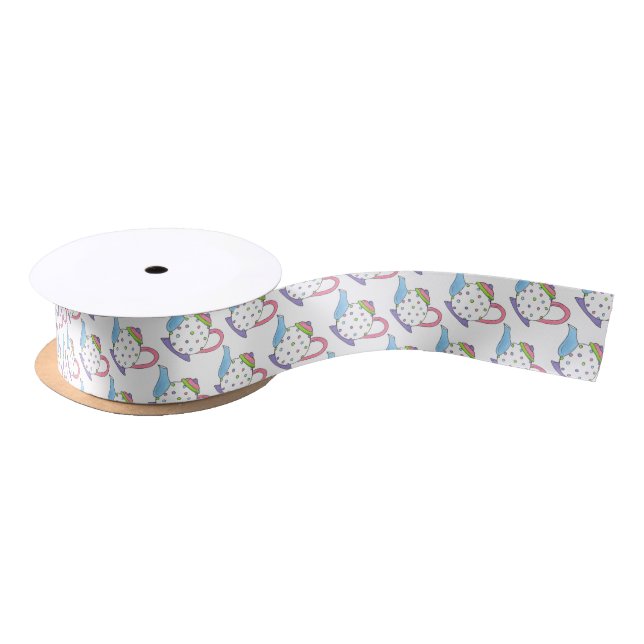 Tea Lover Polka Dot Pastel Teapot Tea Pot Print Satin Ribbon (Spool)