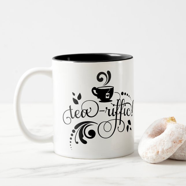 Tea Lover, Tea Drinker, Tea Mug, Black Typography Two-Tone Coffee Mug (With Donut)