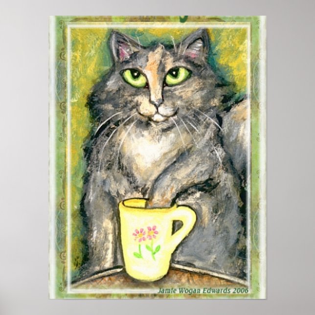 Tea Loving Maine Coon Cat Poster (Front)