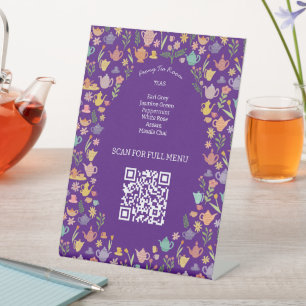Tea Menu Cute Colourful CUSTOM QR code Pedestal Sign
