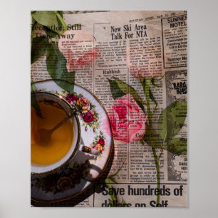 Tea old handwritting paper and pink roses poster