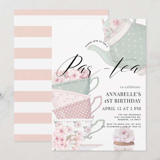 Tea Par-tea Floral Teapot Pink1st Birthday Invitation (Front/Back)