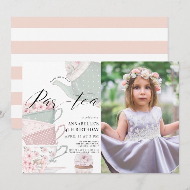 Tea Par-tea Floral Teapot Pink Birthday Photo Invitation (Front/Back)