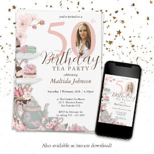 Tea Party 50th Birthday Floral Pink Custom Photo Invitation