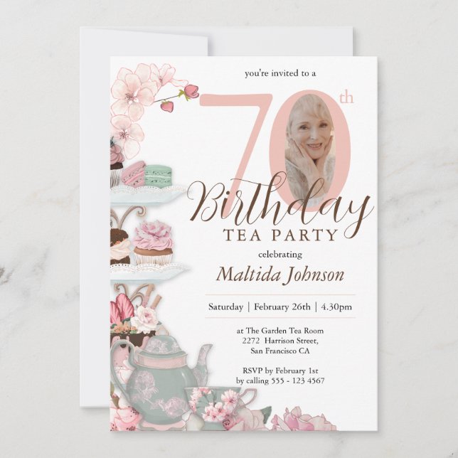 Tea Party 70th Birthday Pink Floral Custom Photo  Invitation (Front)