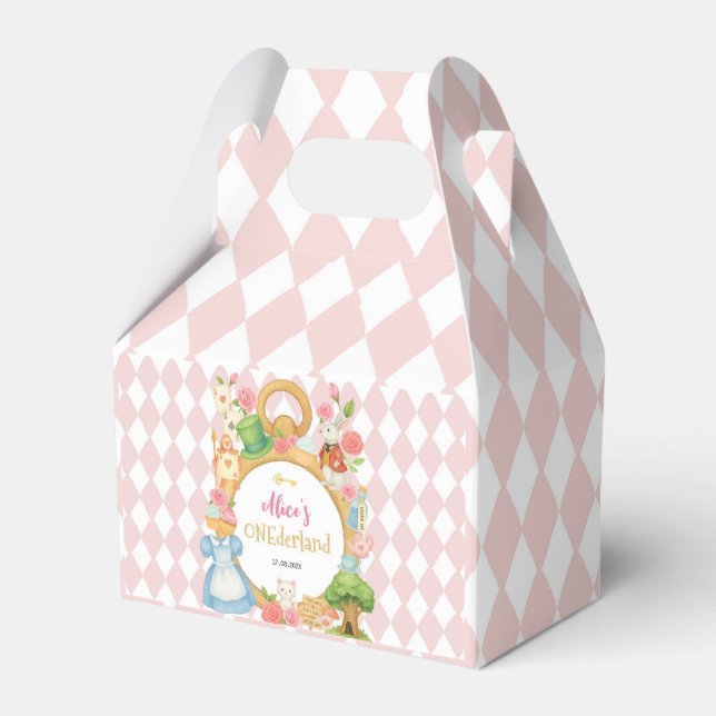 Tea Party Alice in Onederland Pink Girl Birthday Favour Box (Front Side)