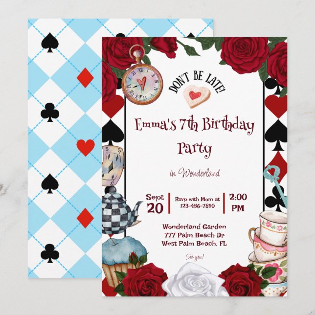 Tea Party Alice in Wonderland Birthday Party Invitation (Front/Back)