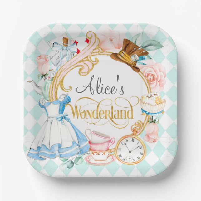 Tea party alice in wonderland girl birthday paper  paper plate (Front)
