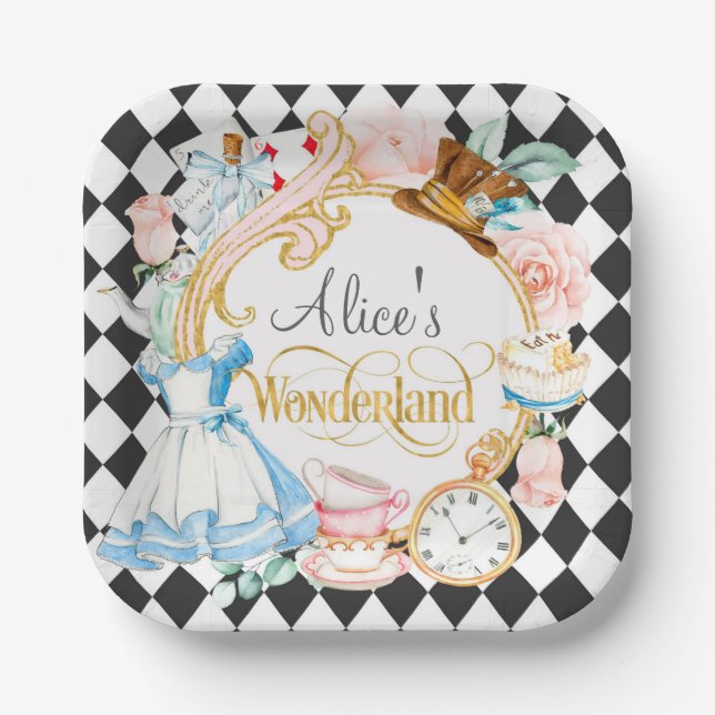 Tea party alice in wonderland girl birthday paper  paper plate (Front)
