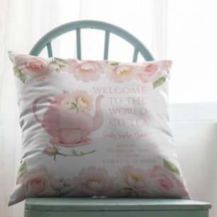 Tea Party Baby Girl Birth Stats Floral Keepsake  Cushion