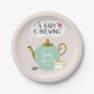 Tea Party Baby Shower   Baby Is Brewing Paper Plate