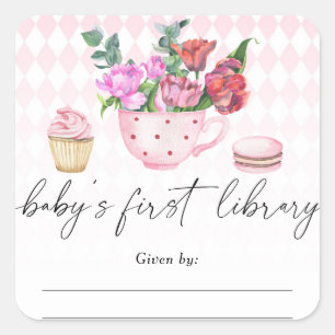Tea Party baby shower - Baby's first library Square Sticker