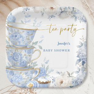 Tea Party Baby Shower Blue & Gold Floral Boy Paper Plate