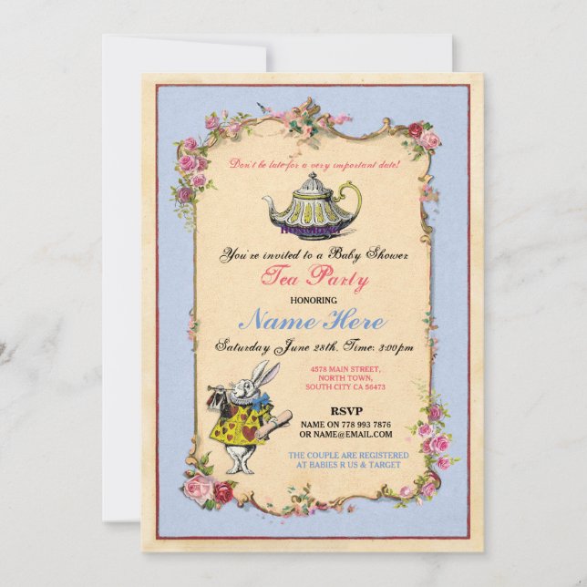 Tea Party Baby Shower Blue Pink Teapot Invitation (Front)