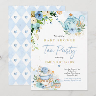 Tea Party Baby Shower Boy Blue Rose Baby Brewing Invitation
