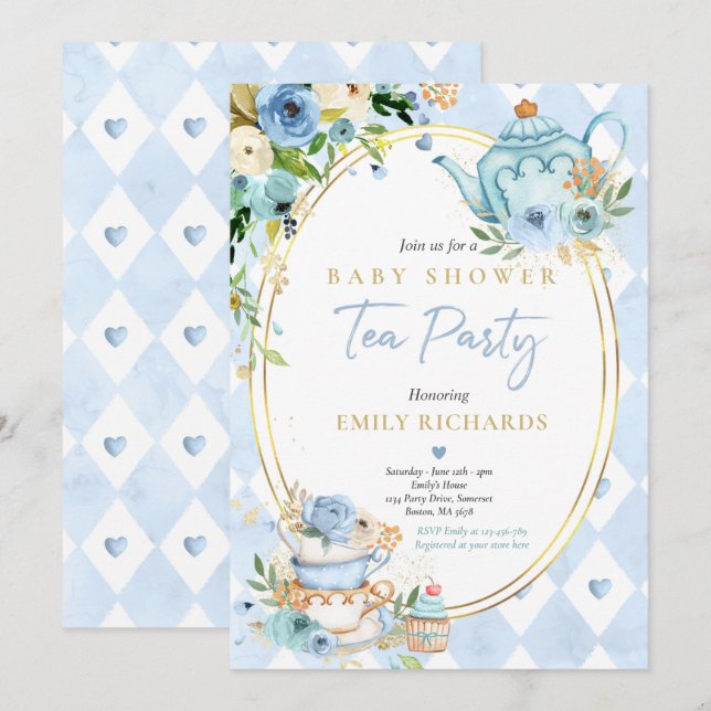 Tea Party Baby Shower Boy Blue Roses Baby Brewing Invitation (Front/Back)