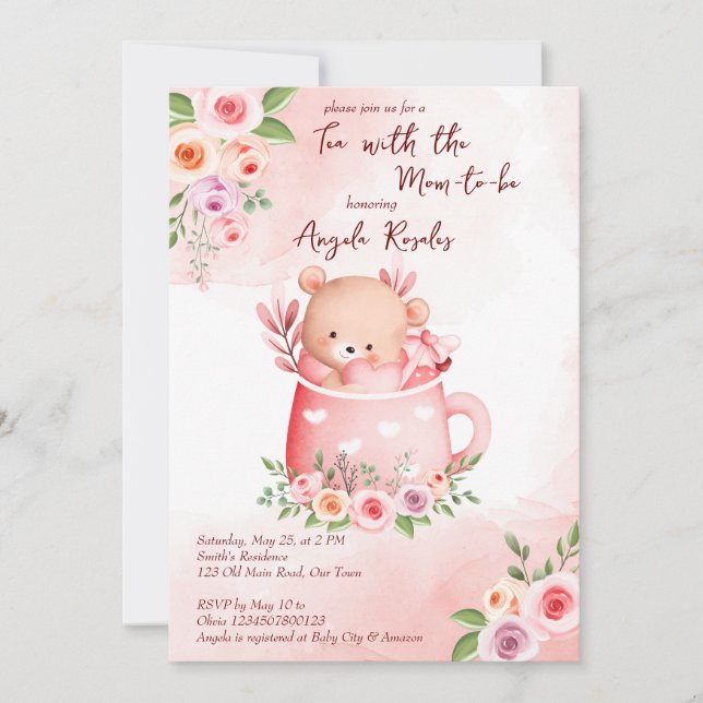 Tea party baby shower cute pink teddy in a mug invitation (Front)