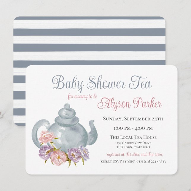 Tea Party Baby Shower Floral Tea Pot Invitation (Front/Back)