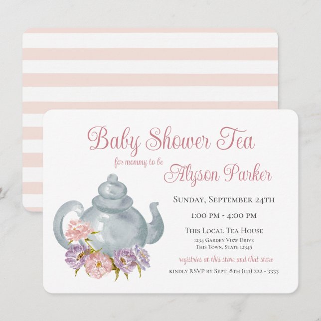 Tea Party Baby Shower Floral Tea Pot Invitation (Front/Back)