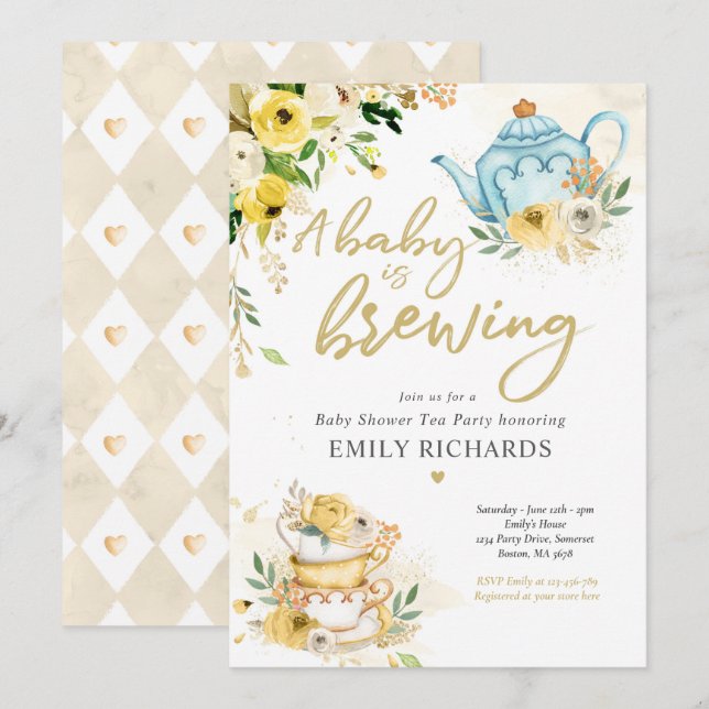 Tea Party Baby Shower Gender Neutral Baby Brewing Invitation (Front/Back)