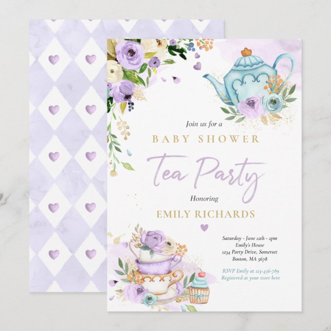 Tea Party Baby Shower Girl Lilac Rose Baby Brewing Invitation (Front/Back)
