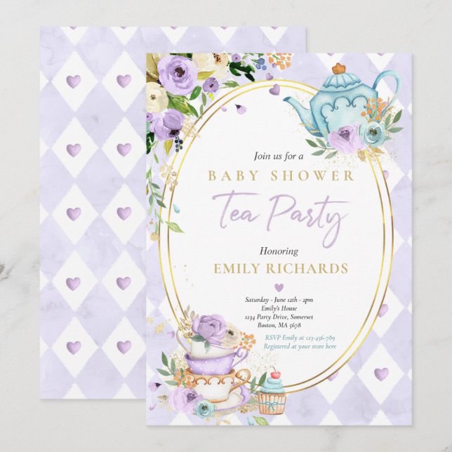 Tea Party Baby Shower Girl Lilac Rose Baby Brewing Invitation (Front/Back)