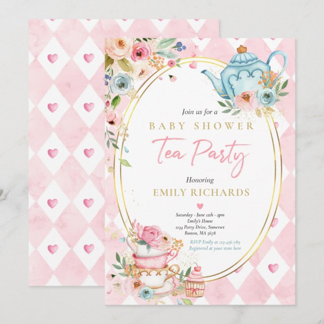 Tea Party Baby Shower Girl Pink Roses Baby Brewing Invitation (Front/Back)