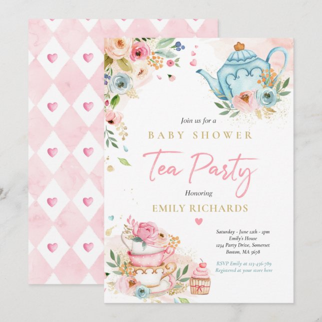 Tea Party Baby Shower Girl Pink Roses Baby Brewing Invitation (Front/Back)