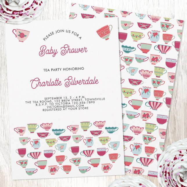 Tea Party Baby Shower Invitation (Retro pastel teacup personalized tea party baby shower invitation)