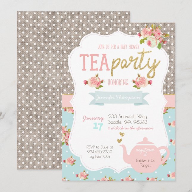 Tea Party Baby Shower Invitation (Front/Back)