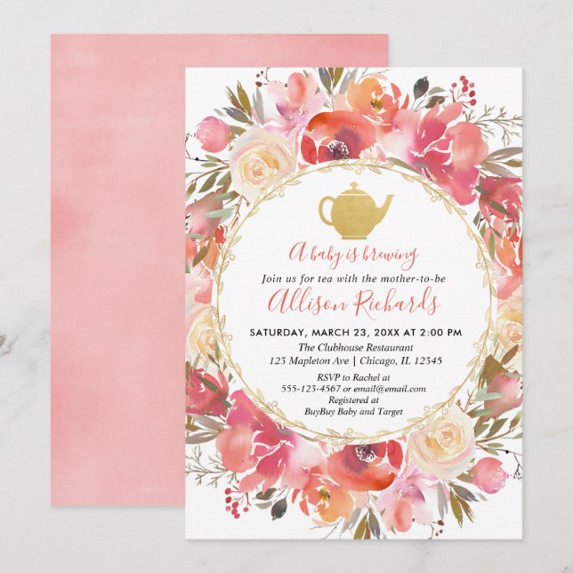 Tea party baby shower invitation, coral blush pink invitation (Front/Back)