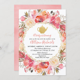 Tea party baby shower invitation, coral blush pink invitation