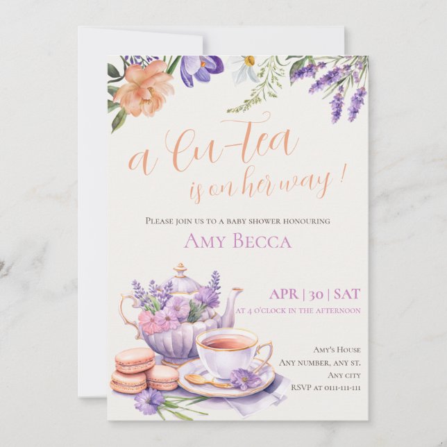Tea Party Baby Shower Invitation | Purple (Front)