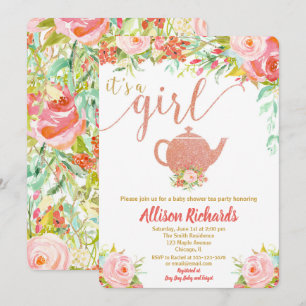 Tea party baby shower invitation rose gold