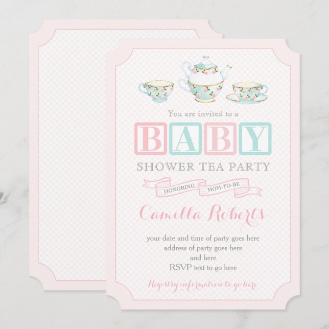 Tea Party Baby Shower Invitations for baby girl (Front/Back)