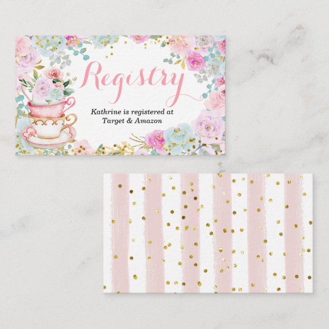 Tea Party Baby Shower Pastel Floral Registry Enclosure Card (Front/Back)