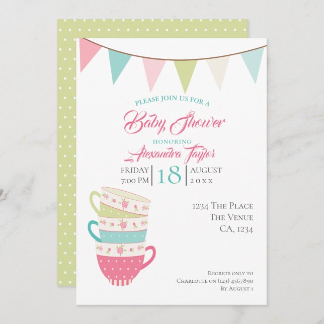 Tea Party Baby Shower Personalised Invitation (Front/Back)