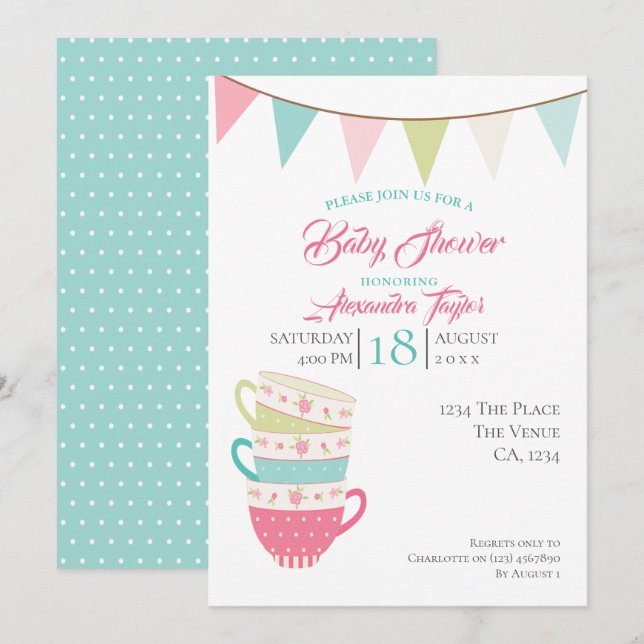 Tea Party Baby Shower Personalised Invitation (Front/Back)