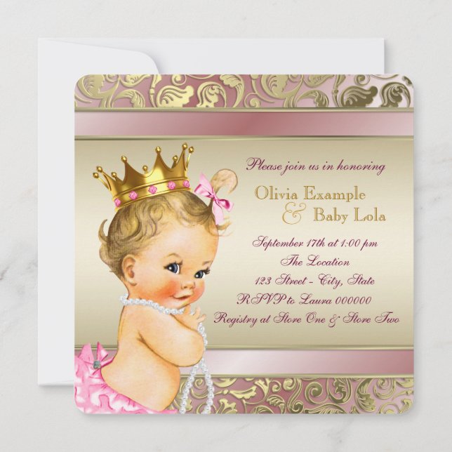 Tea Party Baby Shower Pink and Gold Invitation (Back)