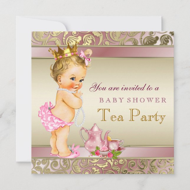 Tea Party Baby Shower Pink and Gold Invitation (Front)