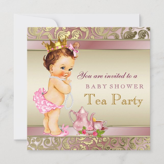 Tea Party Baby Shower Pink and Gold Pearl Invitation (Front)