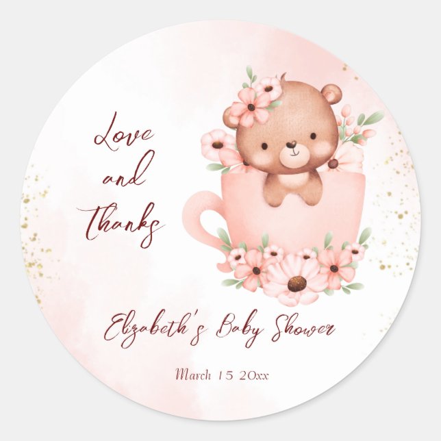 Tea party baby shower pink teddy in a cup classic round sticker (Front)
