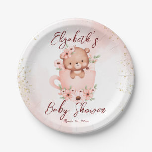 Tea party baby shower pink teddy in a cup custom paper plate