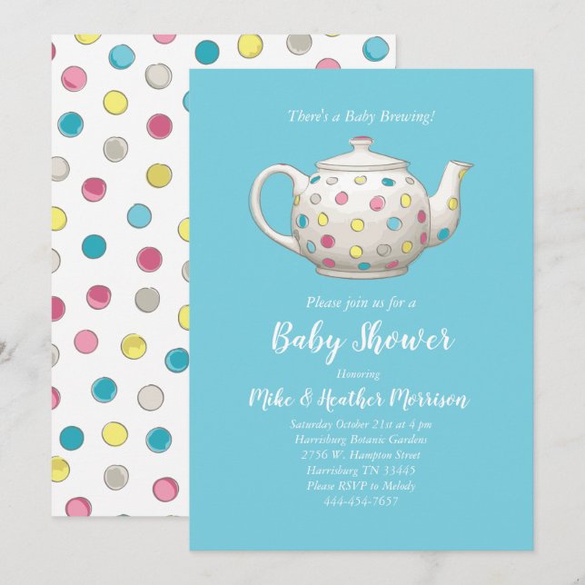 Tea Party Baby Shower Polka Dot Blue Boy Invitation (Front/Back)