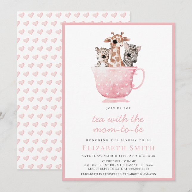 Tea Party Baby Shower Safari Animal Mum To Be Invitation (Front/Back)