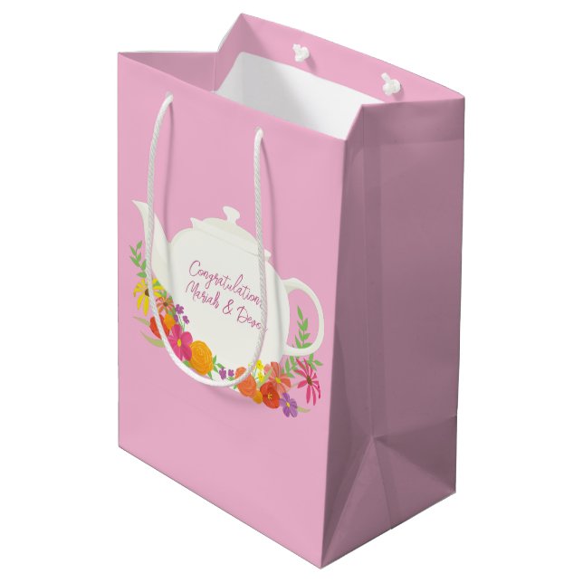 Tea Party Baby Shower Teapot Pink Girl Medium Gift Bag (Back Angled)