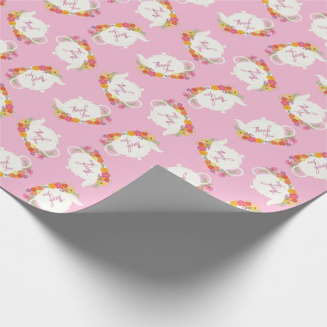 Tea Party Baby Shower Teapot Pink Girl Thank You Wrapping Paper (Corner)